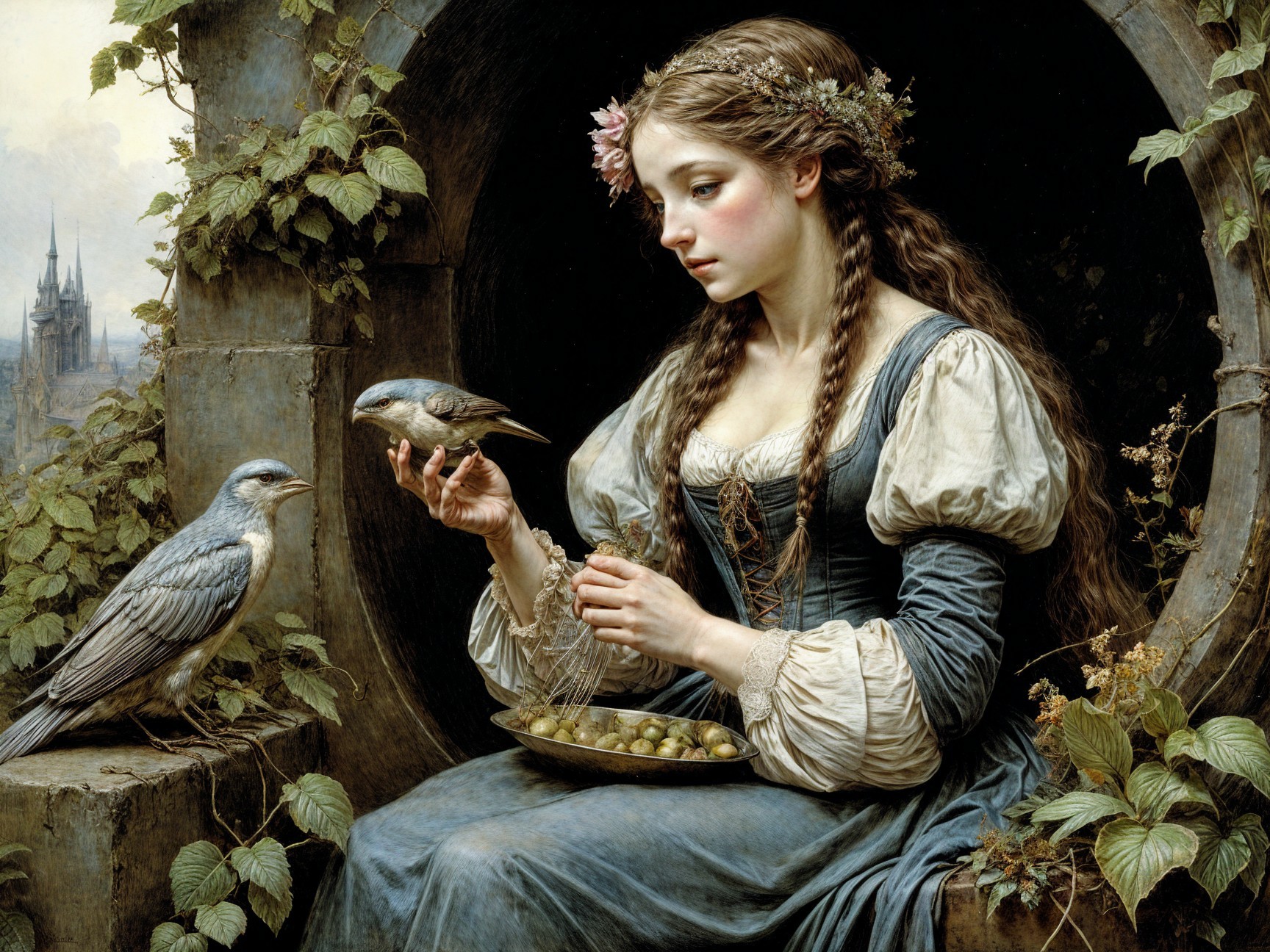 Young woman with braided hair beside stone arch