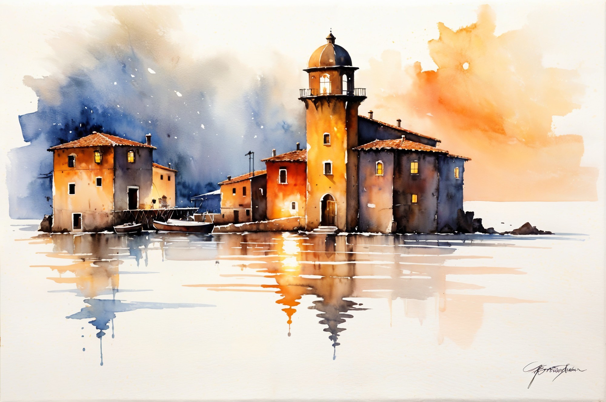 Watercolor Coastal Scene with Sunset and Silhouetted Boats