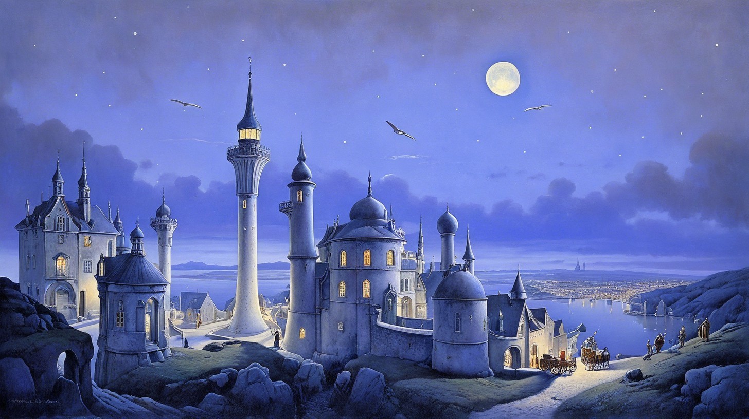 Whimsical Fantasy Town by Water Under Full Moon