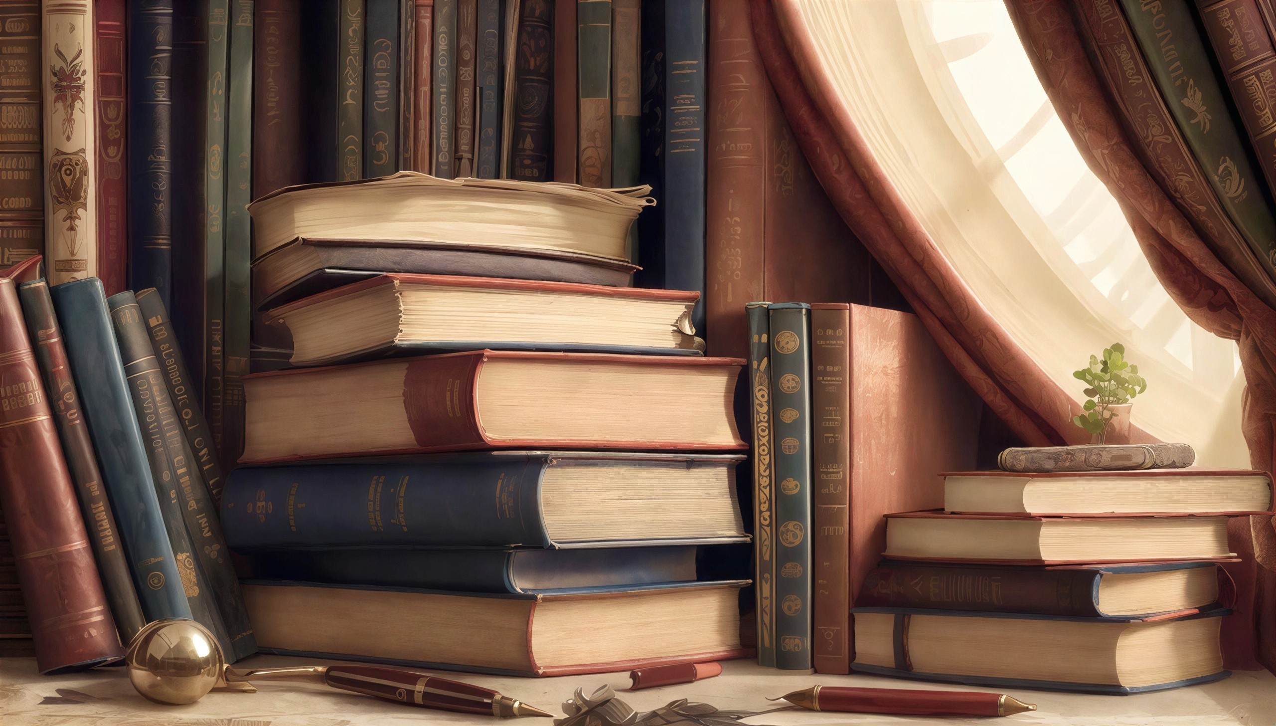 Antique books and decorative items on a wooden desk