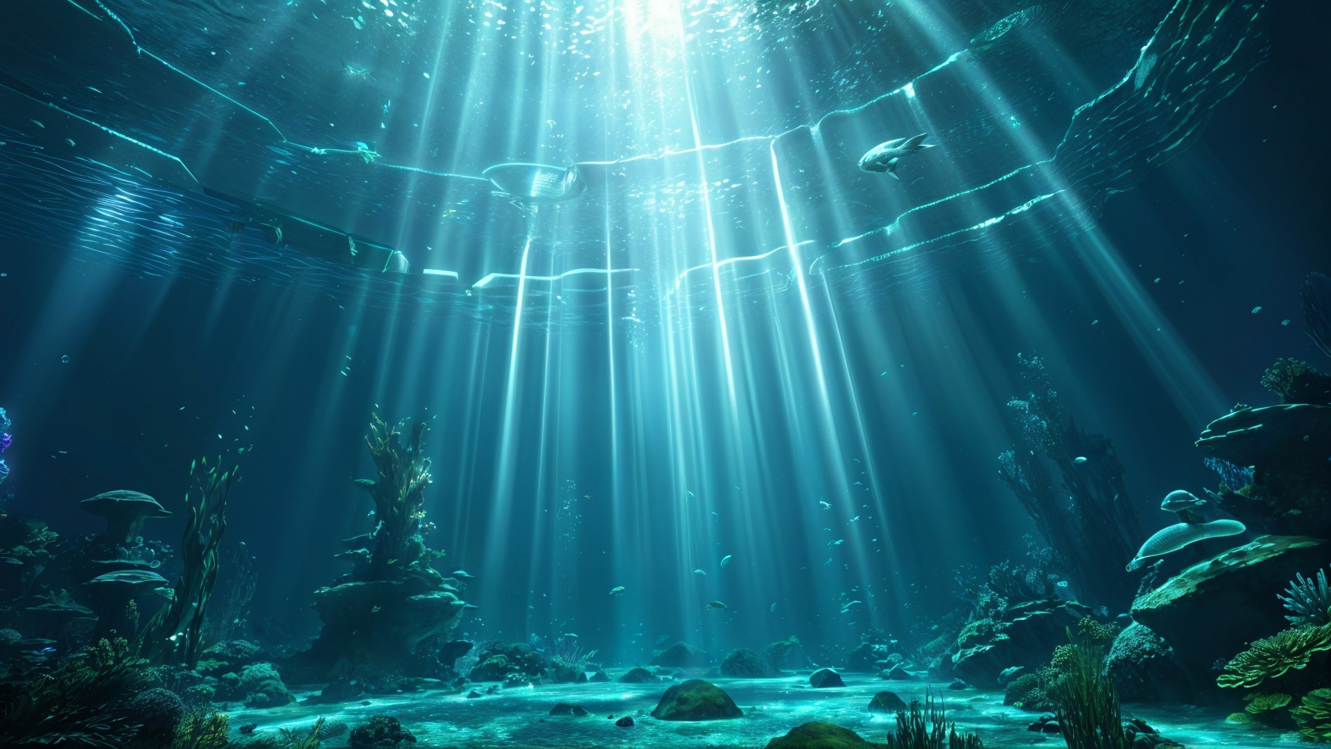 Deep Ocean Floor with Coral Reefs and Luminous Fish