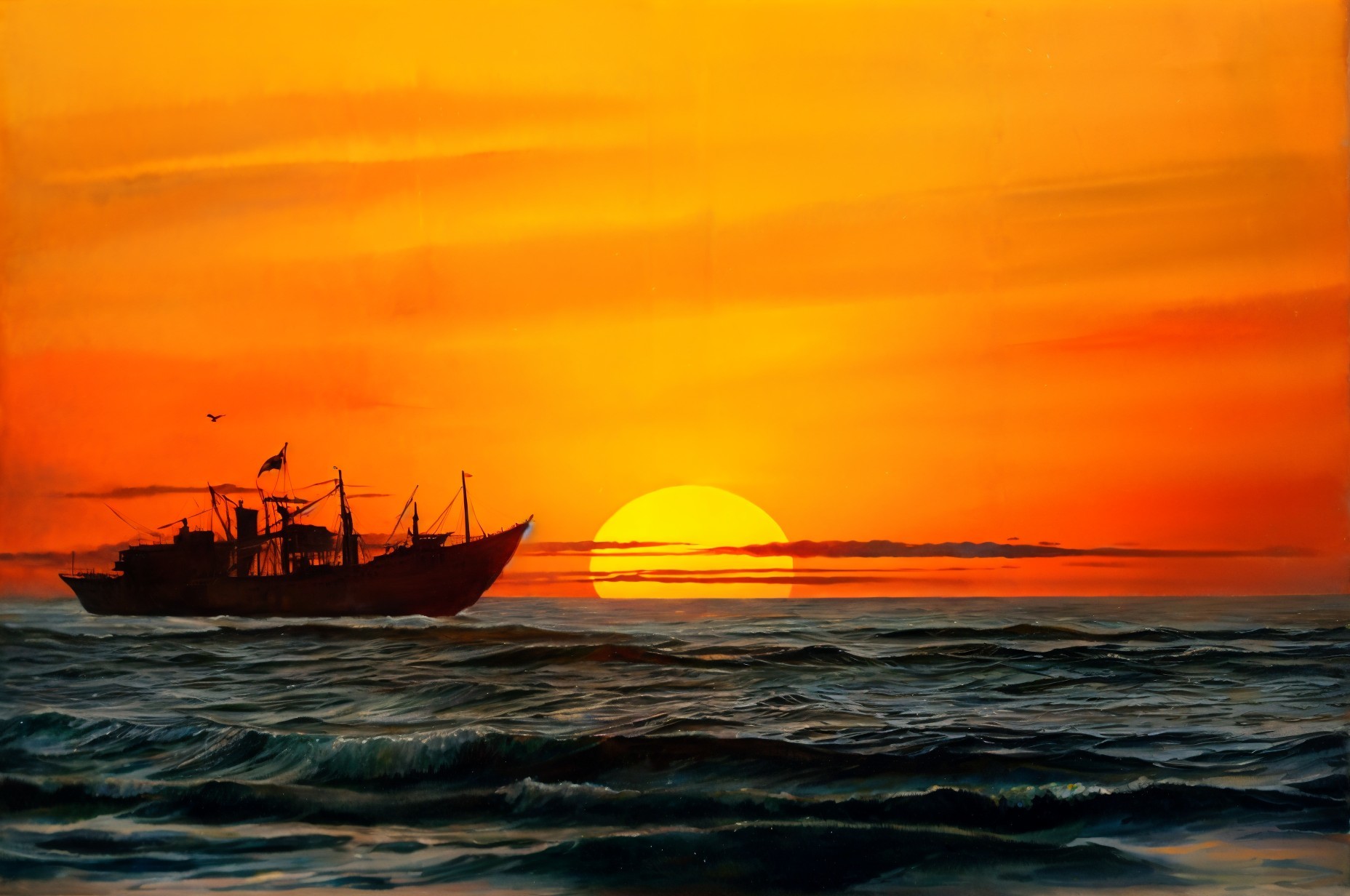 Sunset Over Ocean with Silhouetted Ship