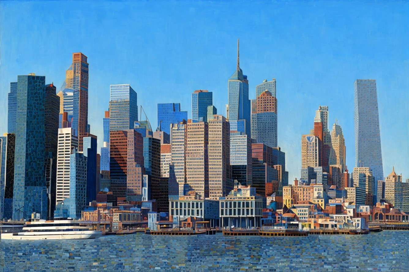 Urban Skyline with Modern Skyscrapers and Water Reflection