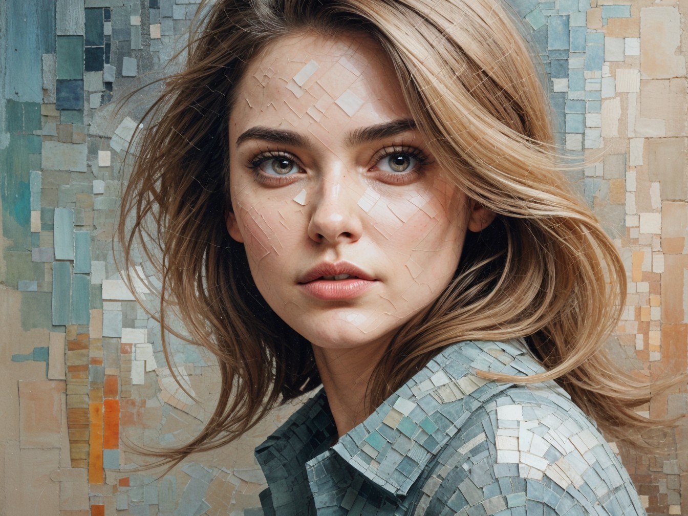 Young Woman with Mosaic Tiles and Textured Background