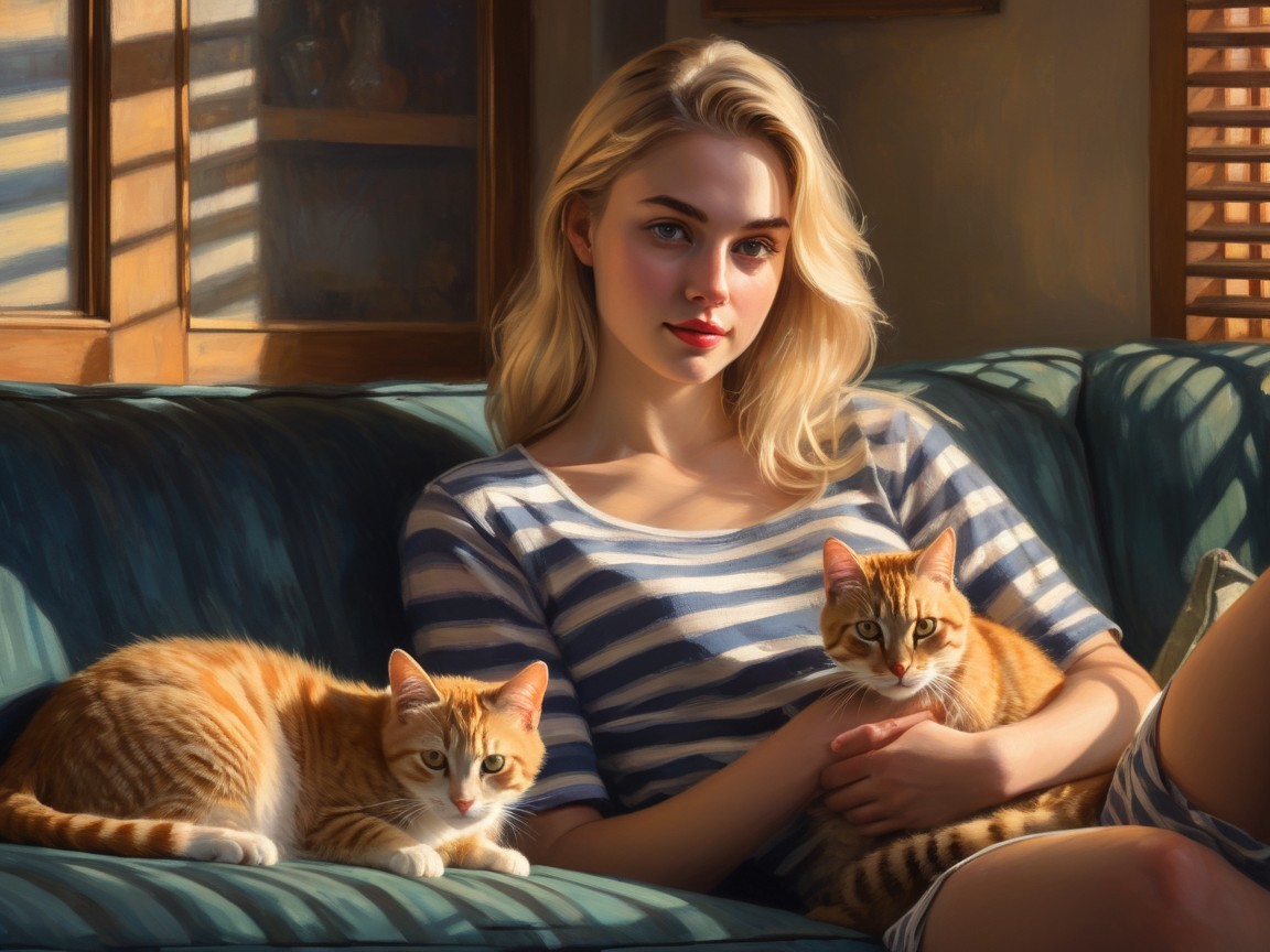 Young woman with cats on a green couch in sunlight