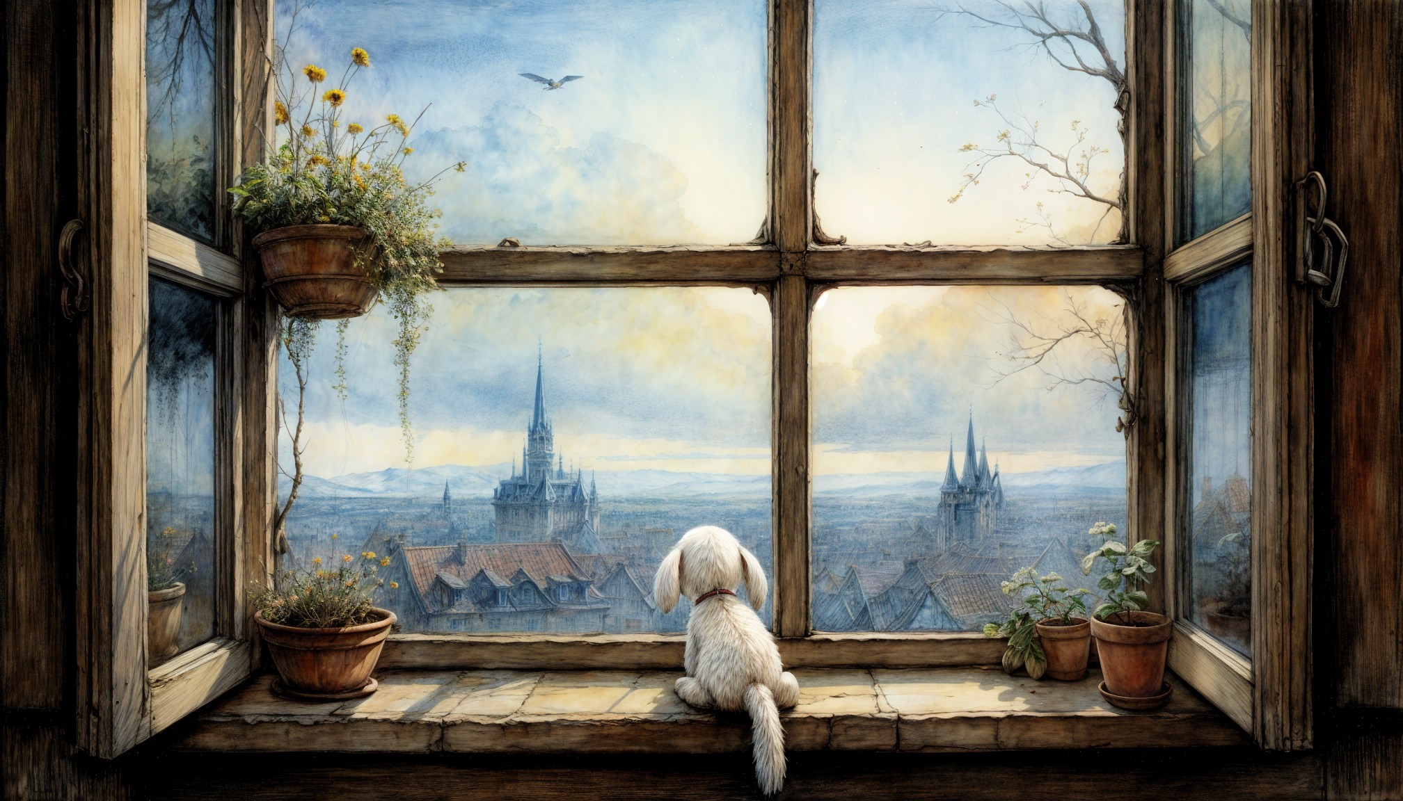 Cozy Interior with Dog and Scenic Landscape View