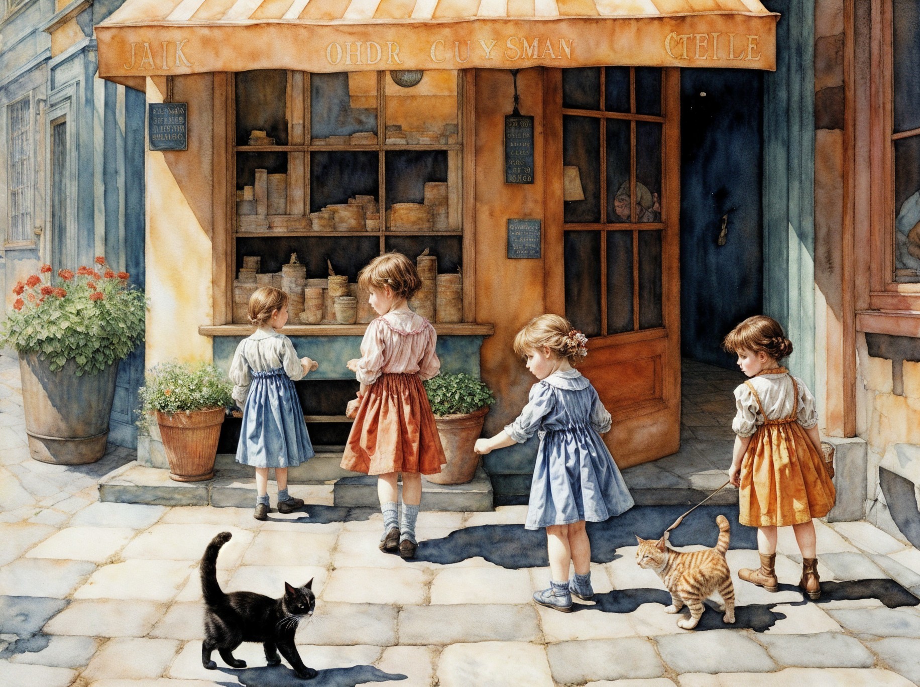 Village Scene with Girls and Cats in Colorful Dresses