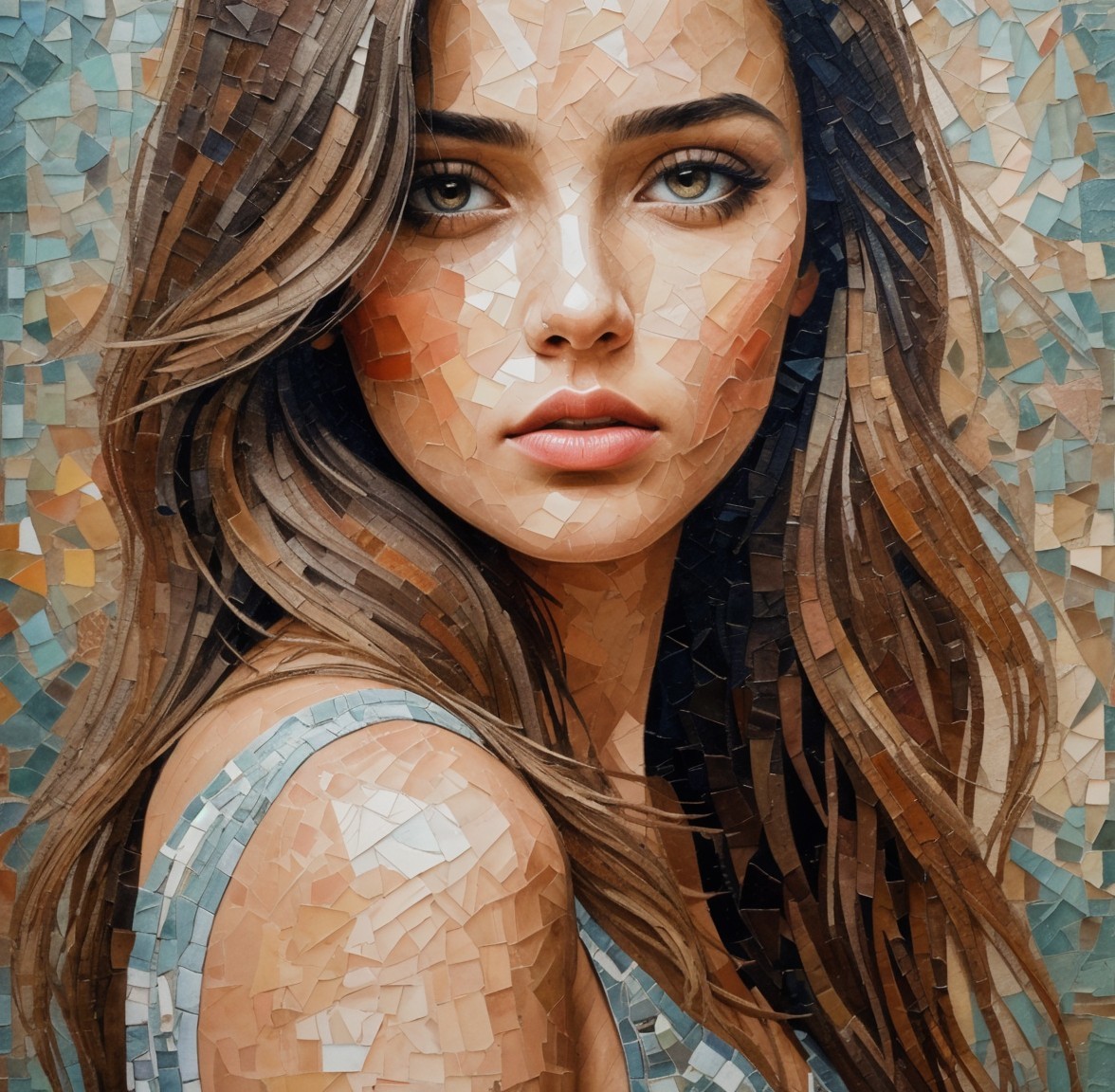 Mosaic Portrait of a Young Woman with Wavy Hair