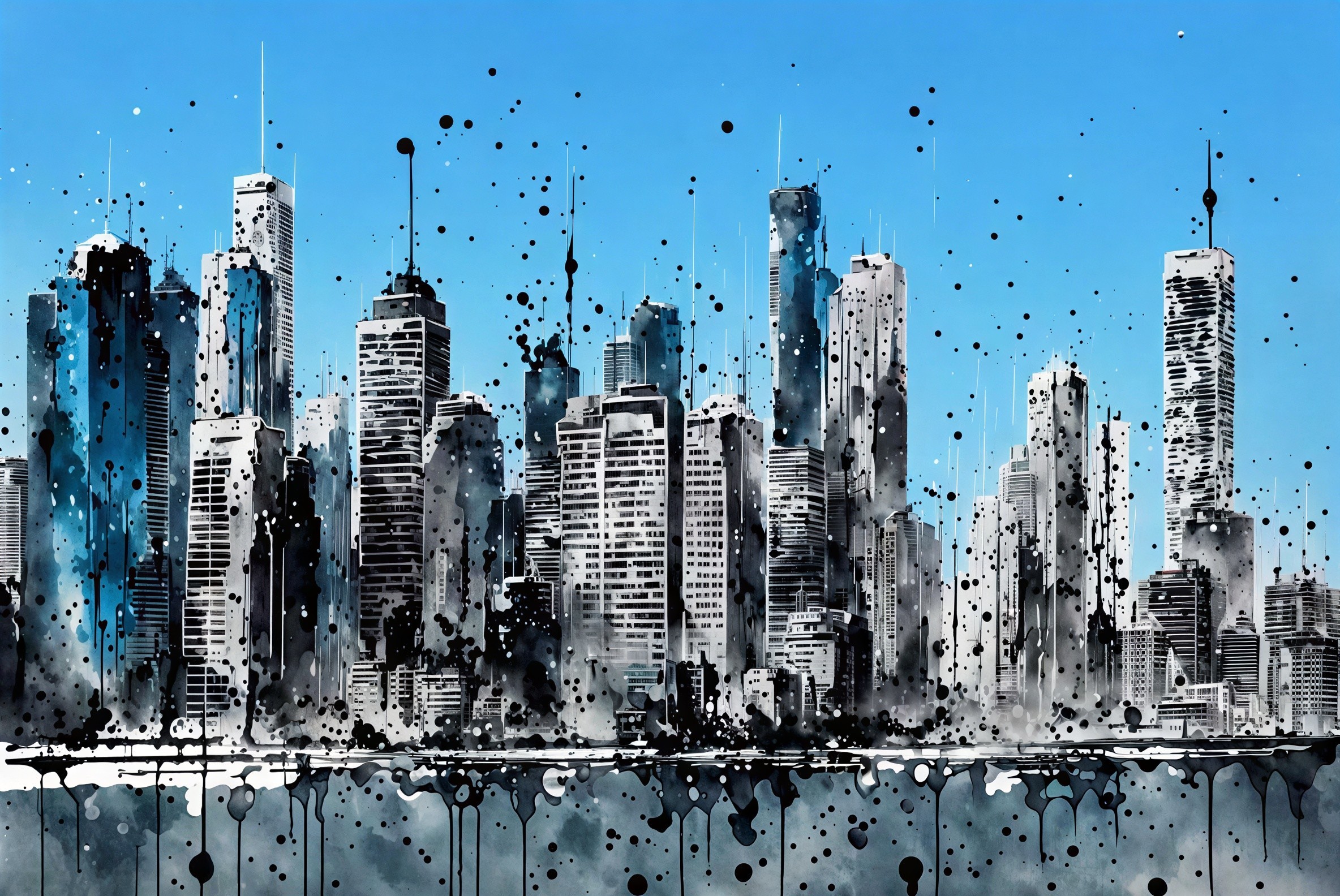 Abstract Expressionist Cityscape with Ink Wash Technique