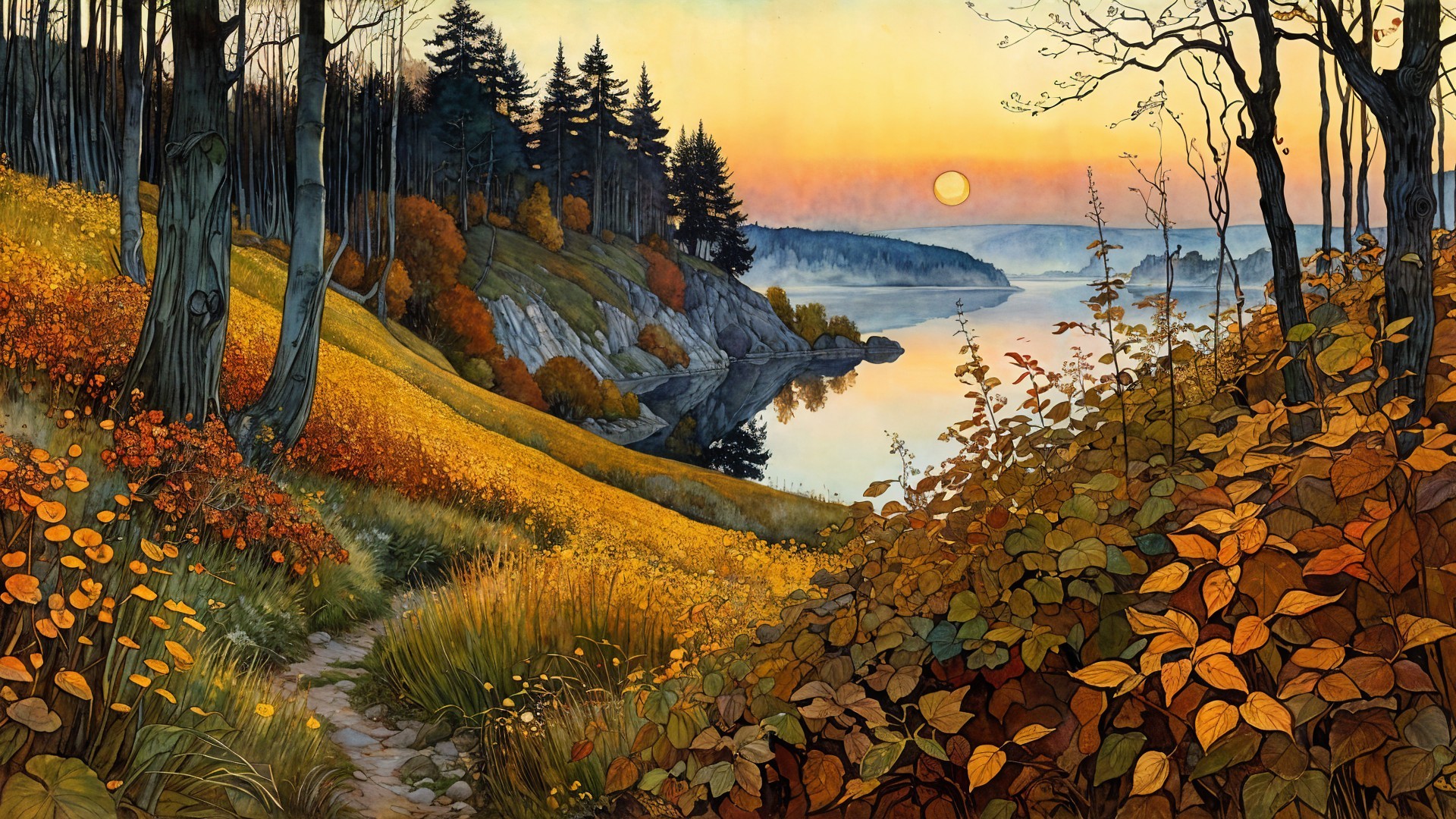 Tranquil Sunset Landscape with River and Autumn Foliage