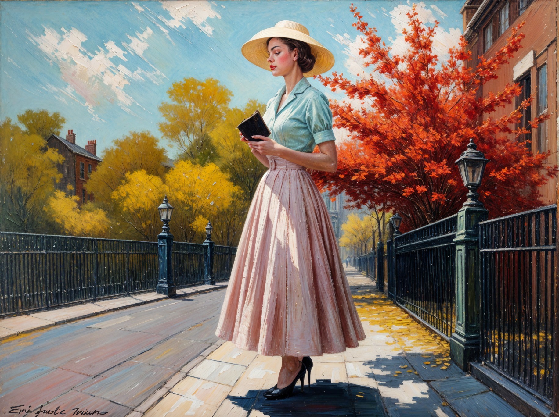 Elegant Woman in Blue Blouse on Sunlit Sidewalk