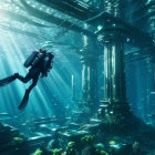 Diver in an underwater fantasy city with marine life