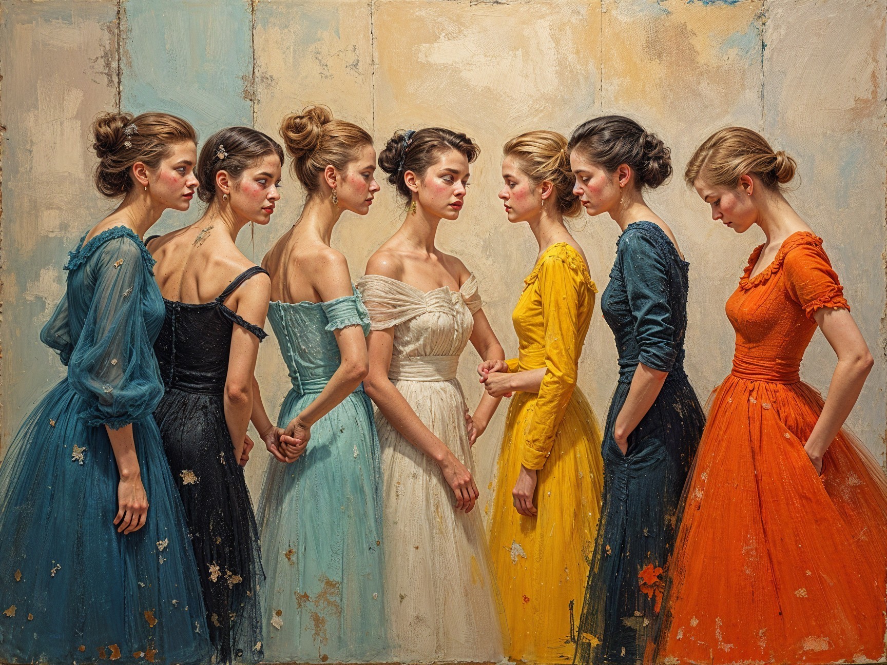 Elegant Women in Unique Gowns Against Textured Backdrop