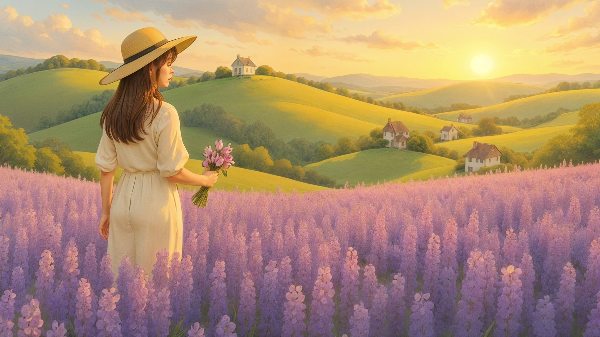 Woman in Hat in Lavender Field at Sunset