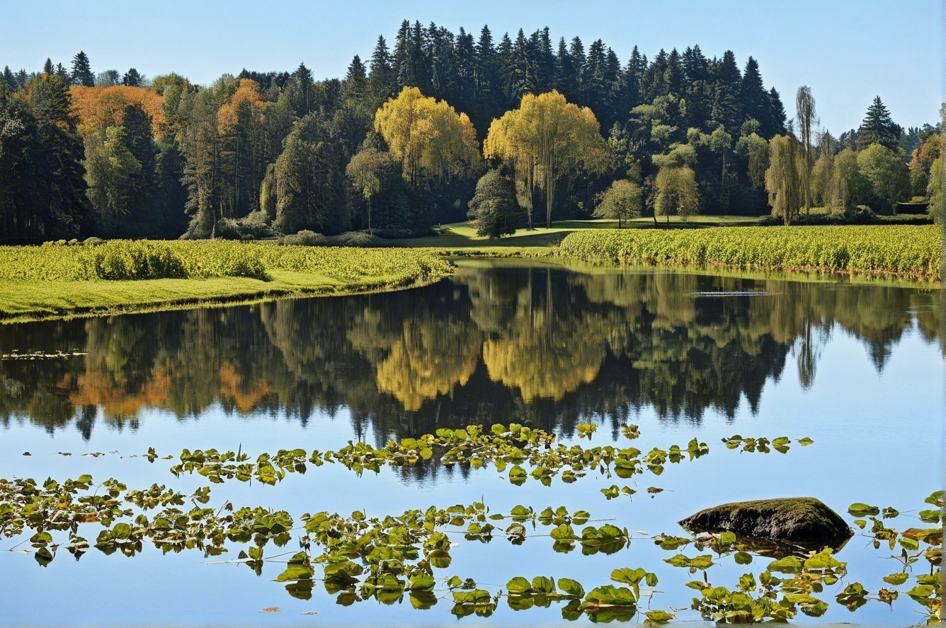 Serene landscape with autumn trees and calm river