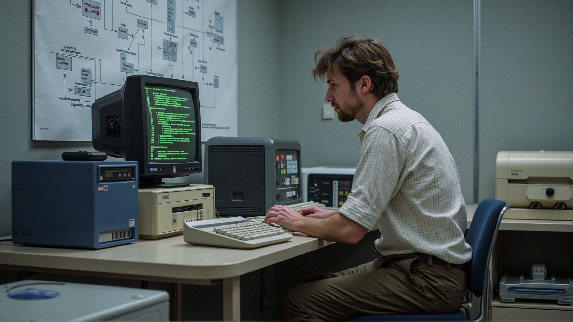 Man at Desk with CRT Monitor and Computer Towers