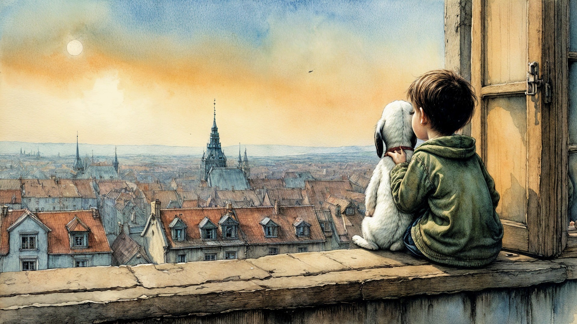Boy and Dog on Windowsill Overlooking Sunset Cityscape