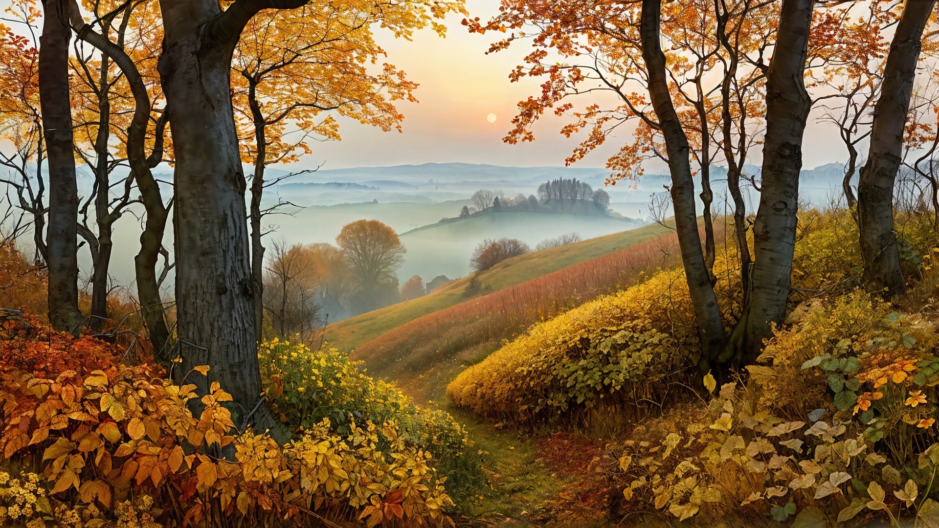 Serene Autumn Landscape with Golden Leaves and Misty Hills