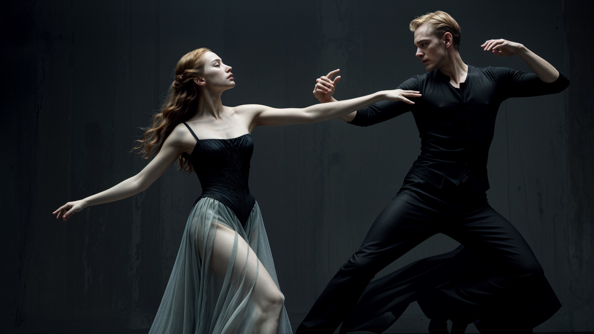 Couple Performs Elegant Dance in Dimly Lit Studio