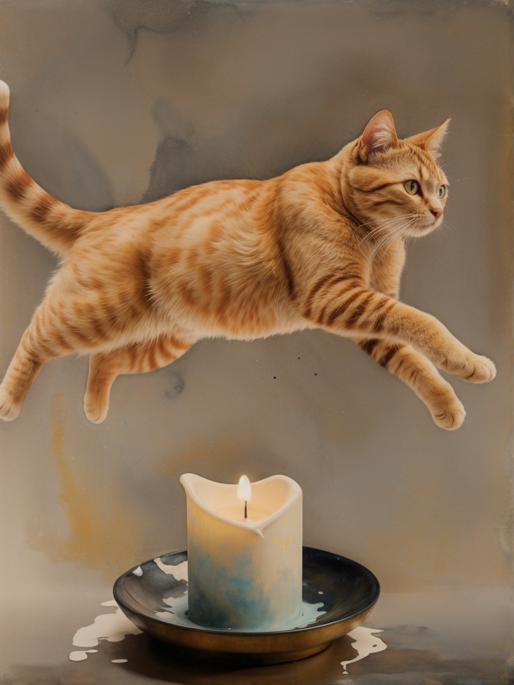 Ginger Cat Leaping with Candle on Dark Plate