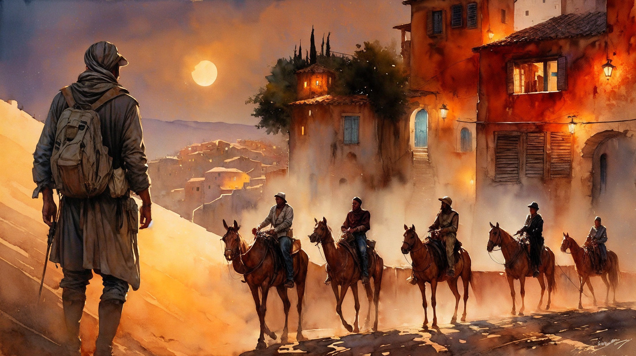 Lone Figure Observes Riders Approaching Village at Dusk