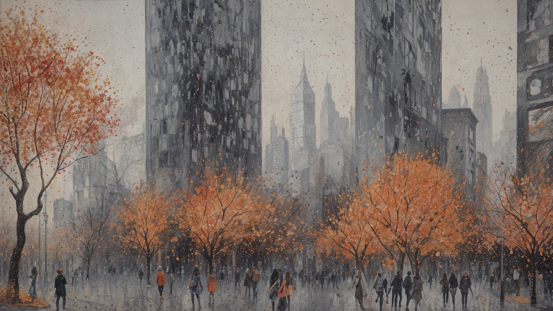 Misty Cityscape with Autumn Trees and Skyscrapers