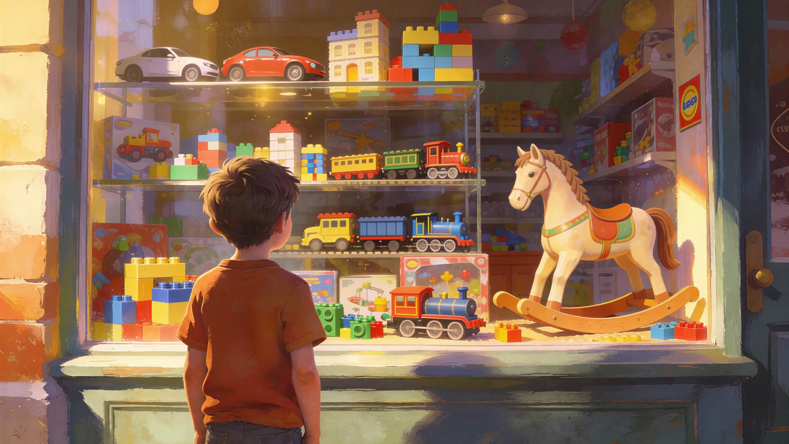 Small boy observing colorful toys in store window