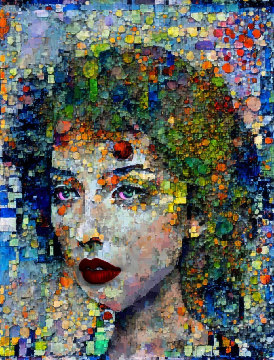 Vibrant digital portrait of a woman with pointillistic style and textured background