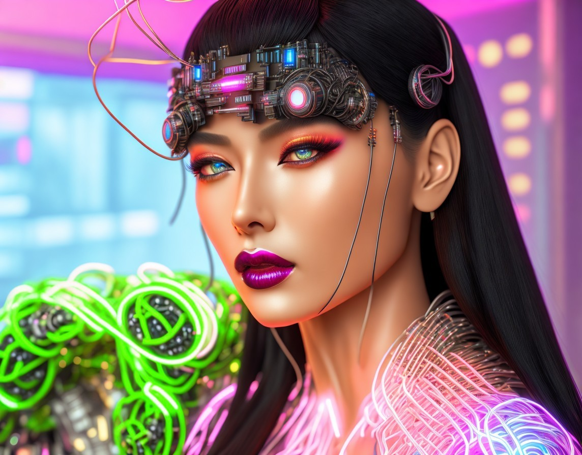 Futuristic digital art portrait of a woman with cybernetic enhancements