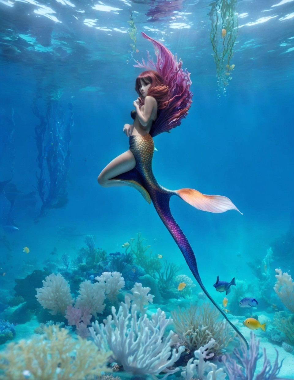 Purple-haired mermaid swimming among vibrant coral and fish