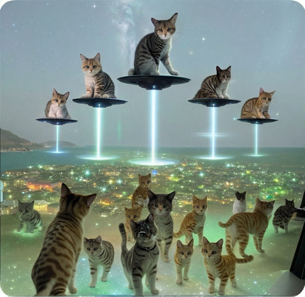 Various Cats in Different Patterns and Poses Over Cityscape at Night