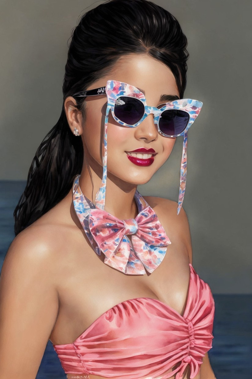 Photorealistic digital art: Woman with sunglasses, braided hair, bow scarf, pink top