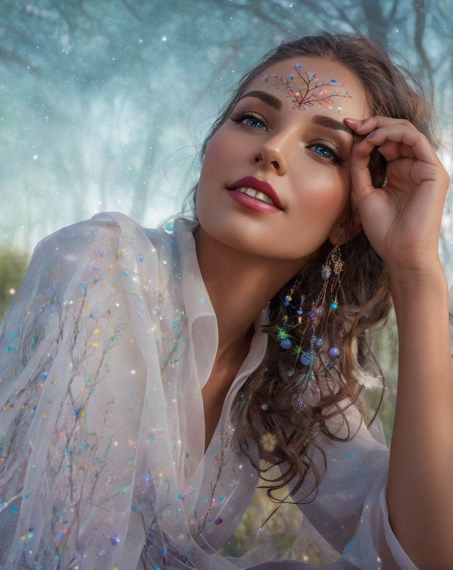 Artistic Makeup Woman in Sheer Outfit with Twinkling Lights and Starry Background