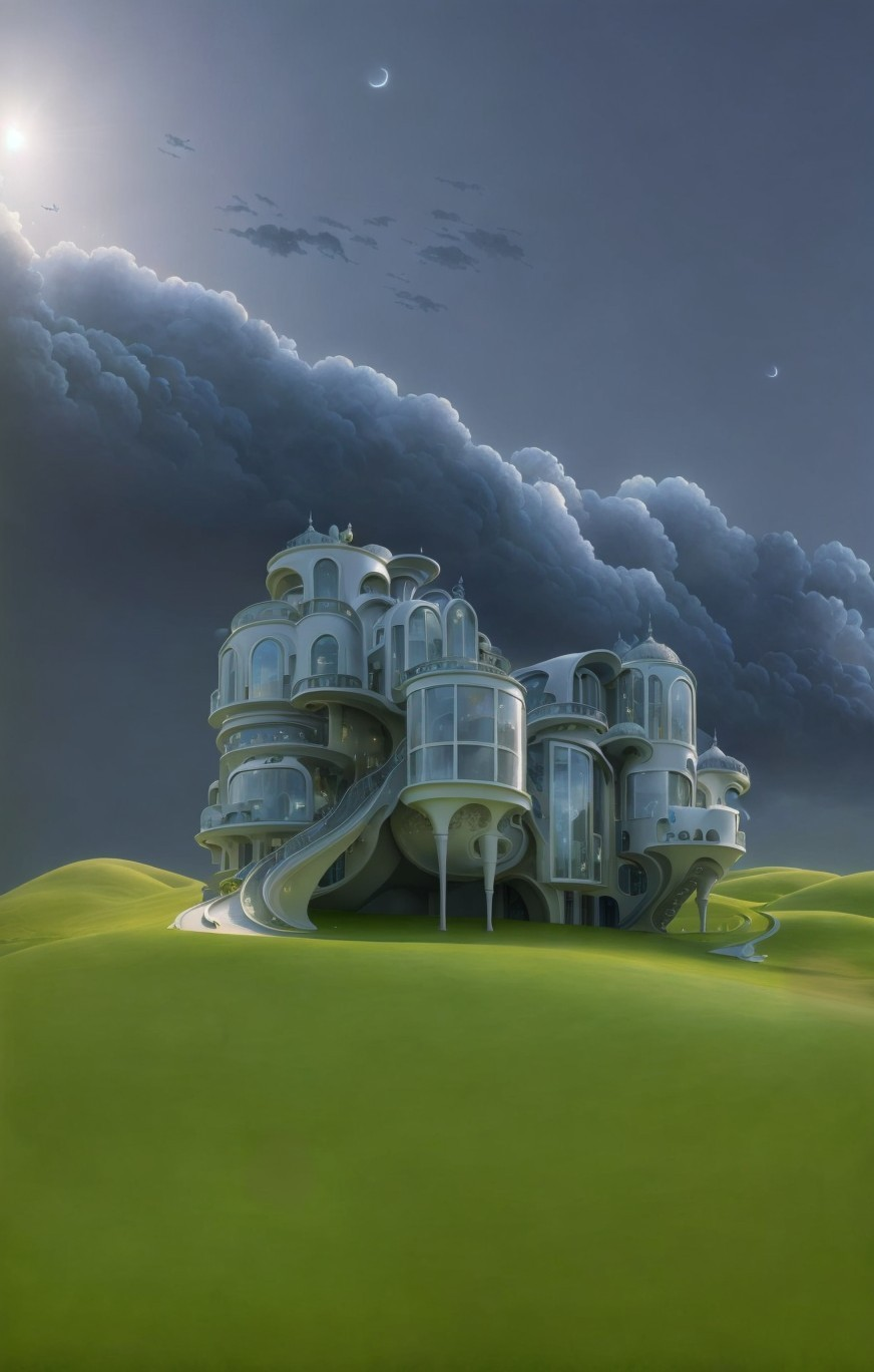 Surreal multi-storied structure on green hills under dramatic sky