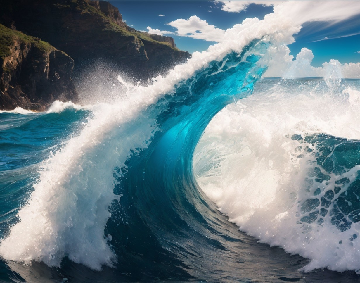 Large Blue Wave Cresting Against Rocky Cliffs & Clear Sky