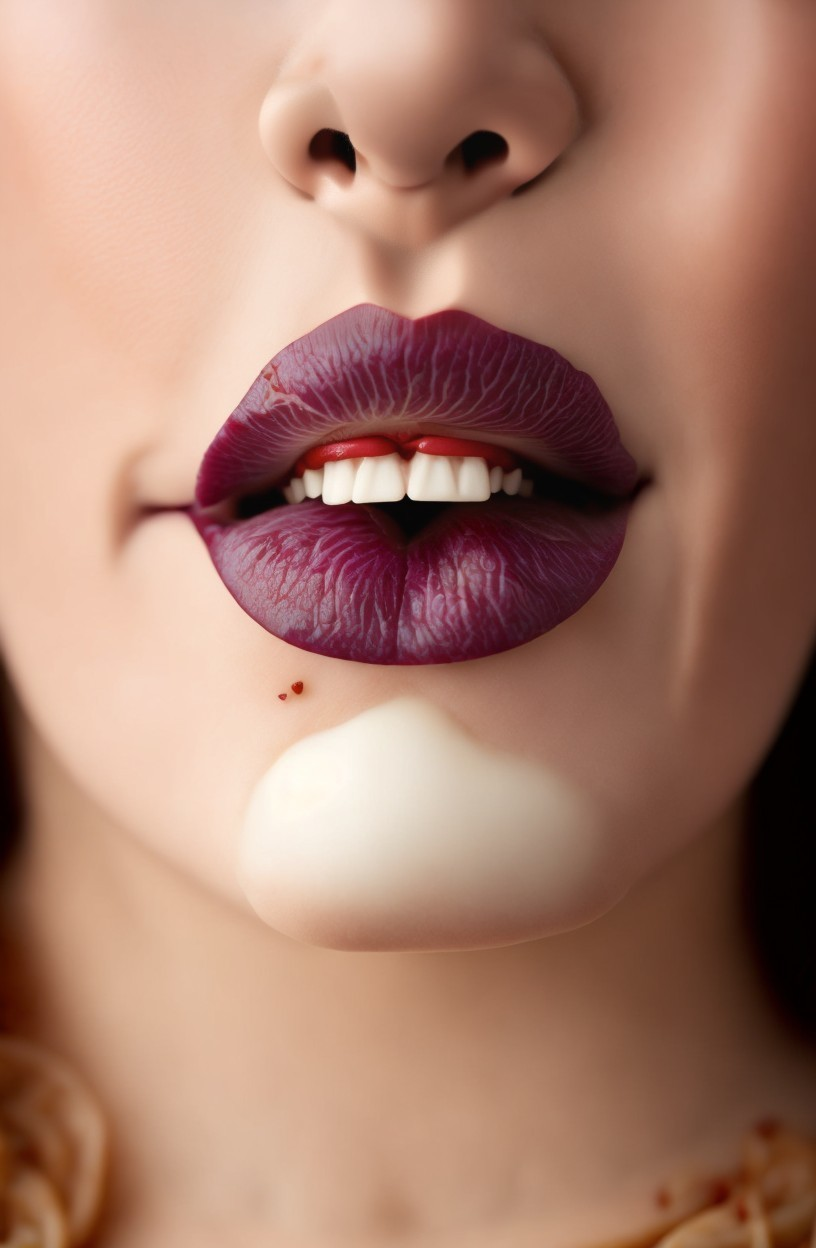 Person with plum lipstick biting cherry stem, cherry and cream.