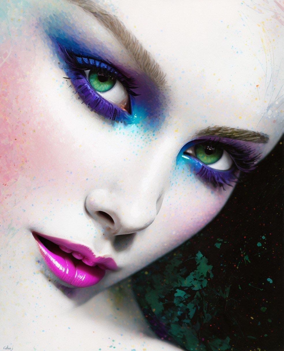 Vibrant portrait of a woman with purple eyeshadow, green eyes, and pink lips