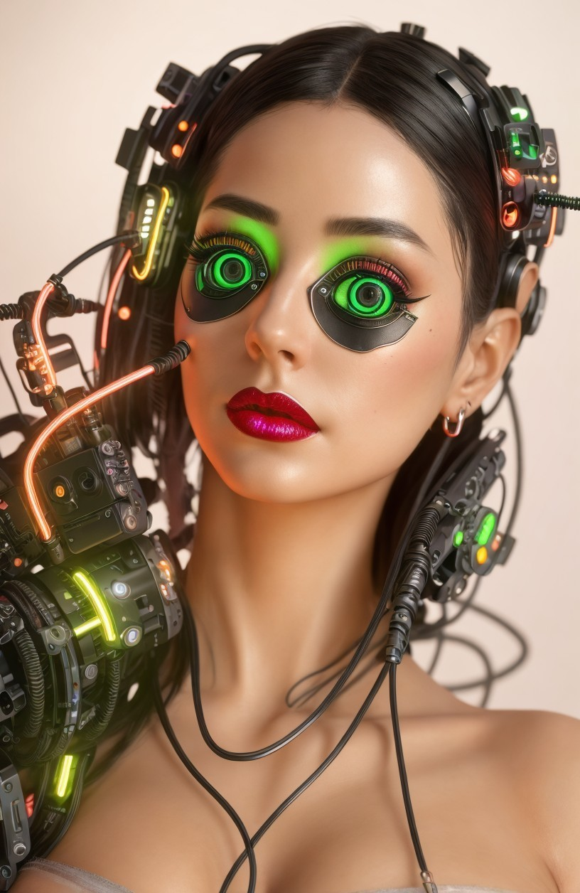 Portrait of Woman with Cybernetic Enhancements and Green Eyes