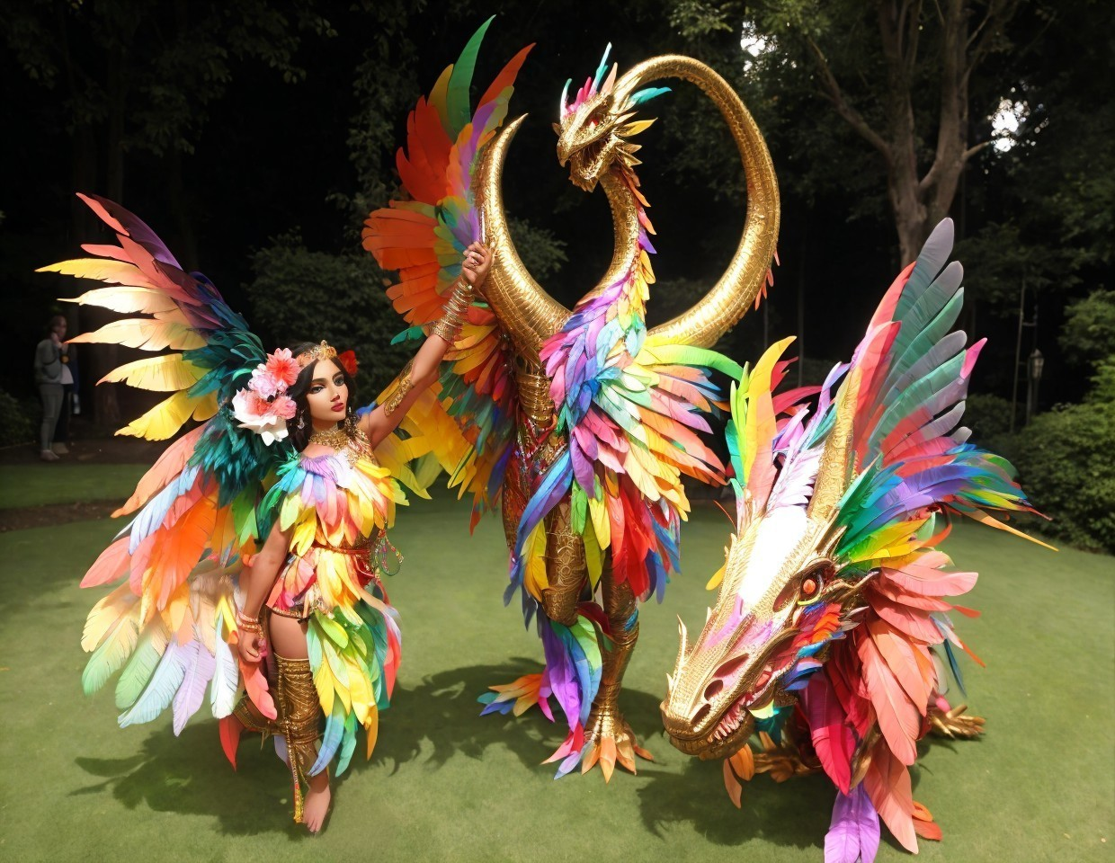 Colorful Bird Costume with Wings and Dragon Sculptures