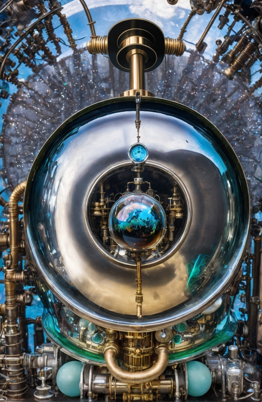 Glass and metallic steampunk contraption with Earth reflections