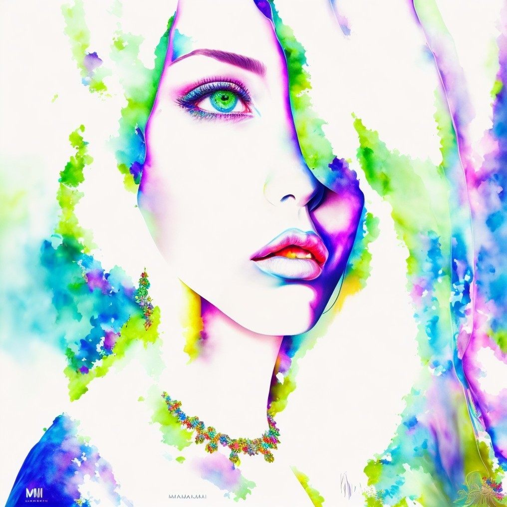Colorful digital artwork featuring woman's face with blue eyes and neon watercolor splashes