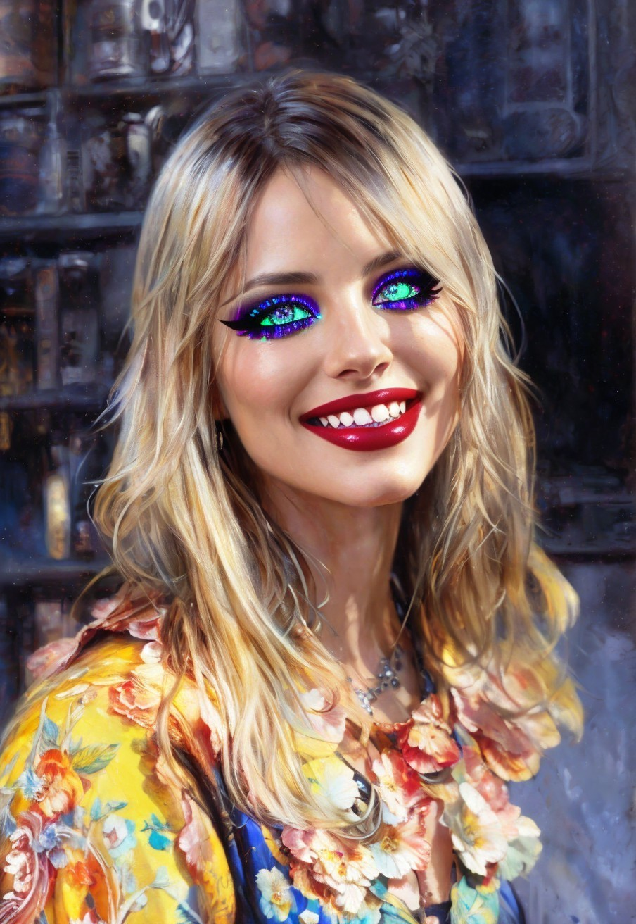 Smiling woman with blue eyes in floral outfit on blurred background