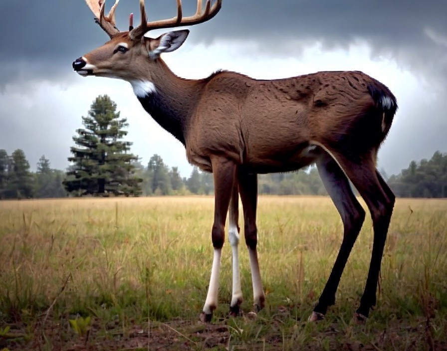 Majestic deer with impressive antlers in grassy field under stormy sky