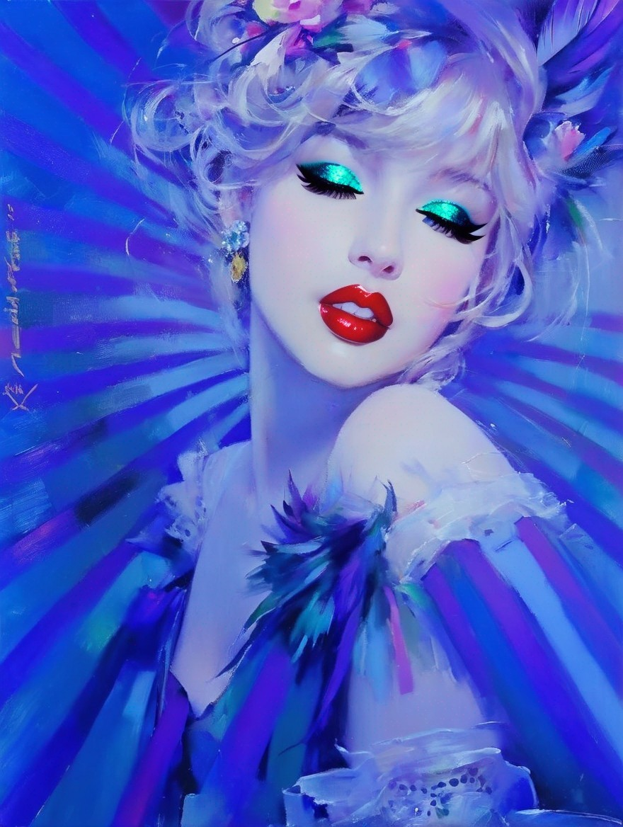Colorful portrait of woman with turquoise eyes and floral headdress on blue background