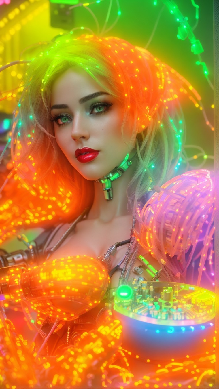 Colorful neon lights frame woman with vivid makeup in futuristic cyberpunk setting