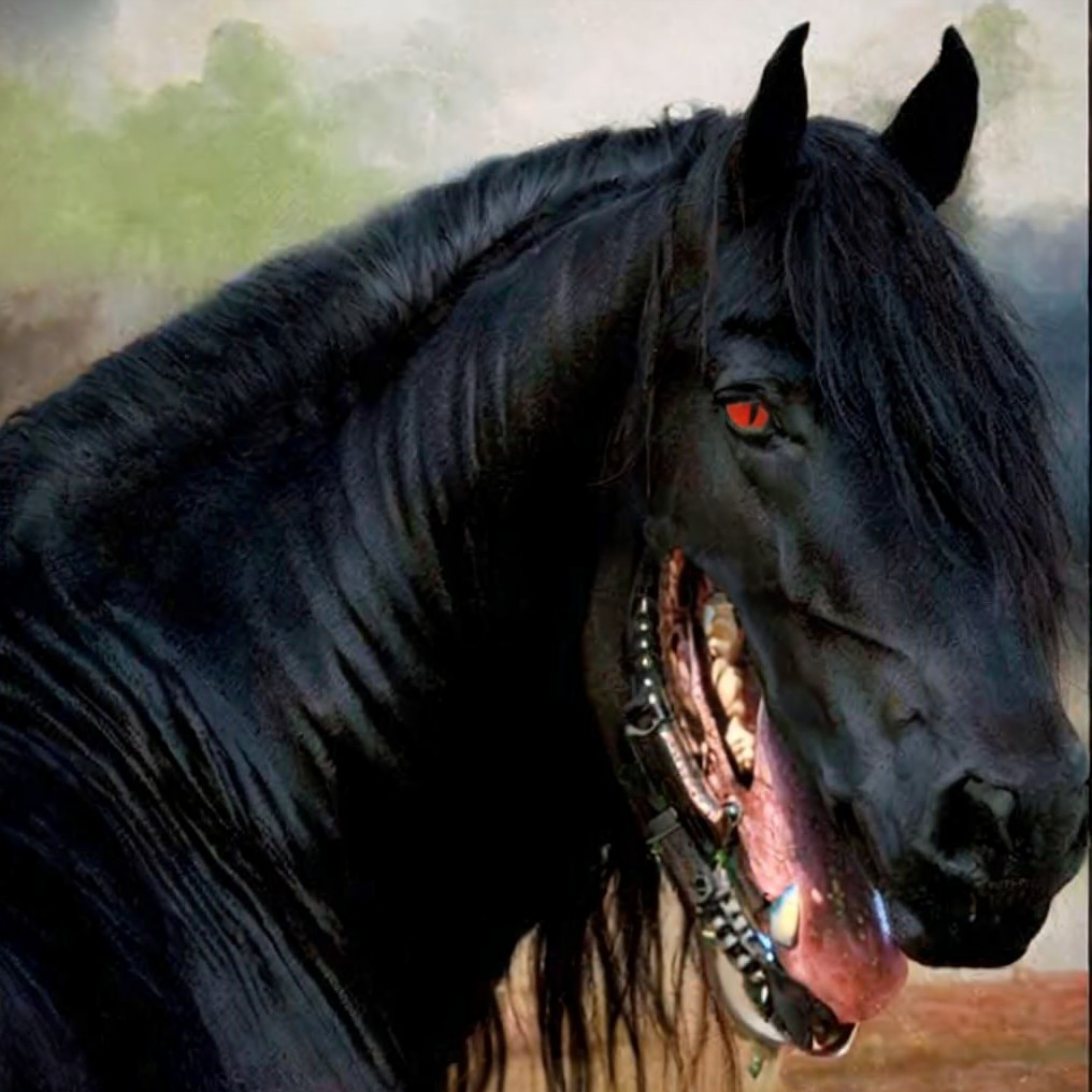 black dog-mouthed horse with red cat eyes