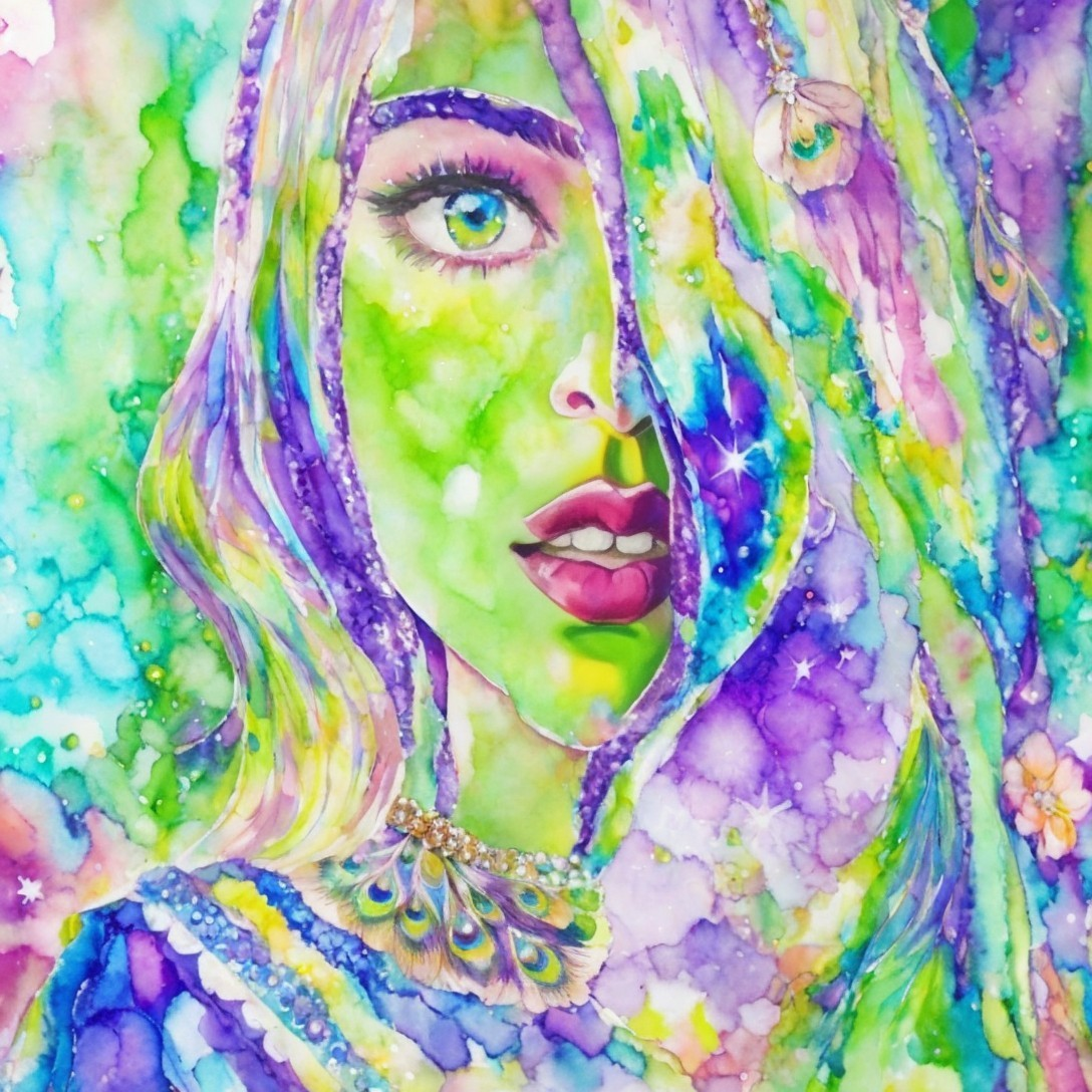 Colorful Watercolor Portrait of Woman with Sparkling Highlights