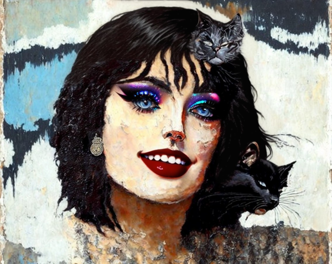 Vibrant portrait of a woman with bold makeup and two cats against abstract backdrop