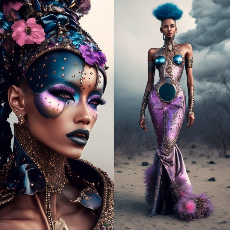 Avant-garde costume and elaborate headgear in desert setting