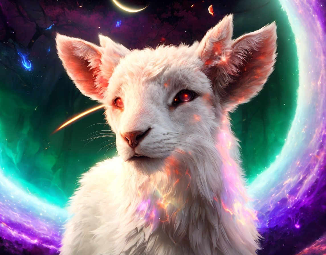 Mystical white fox with red eyes in cosmic setting